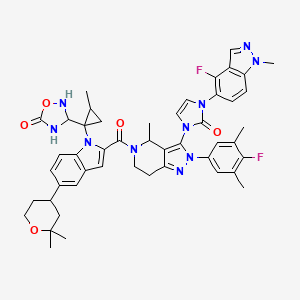 molecular formula C48H50F2N10O5 B14126491 3-[1-[5-(2,2-dimethyloxan-4-yl)-2-[2-(4-fluoro-3,5-dimethylphenyl)-3-[3-(4-fluoro-1-methylindazol-5-yl)-2-oxoimidazol-1-yl]-4-methyl-6,7-dihydro-4H-pyrazolo[4,3-c]pyridine-5-carbonyl]indol-1-yl]-2-methylcyclopropyl]-1,2,4-oxadiazolidin-5-one 