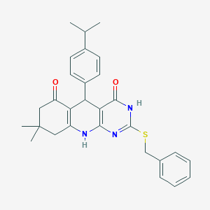 molecular formula C29H31N3O2S B14126586 2-(benzylthio)-5-(4-isopropylphenyl)-8,8-dimethyl-7,8,9,10-tetrahydropyrimido[4,5-b]quinoline-4,6(3H,5H)-dione 