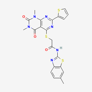 molecular formula C22H18N6O3S3 B14126622 2-((6,8-dimethyl-5,7-dioxo-2-(thiophen-2-yl)-5,6,7,8-tetrahydropyrimido[4,5-d]pyrimidin-4-yl)thio)-N-(6-methylbenzo[d]thiazol-2-yl)acetamide 