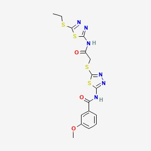 molecular formula C16H16N6O3S4 B14128096 N-(5-((2-((5-(ethylthio)-1,3,4-thiadiazol-2-yl)amino)-2-oxoethyl)thio)-1,3,4-thiadiazol-2-yl)-3-methoxybenzamide 