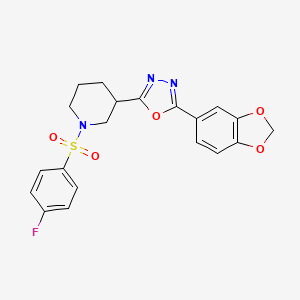 molecular formula C20H18FN3O5S B14137000 2-(Benzo[d][1,3]dioxol-5-yl)-5-(1-((4-fluorophenyl)sulfonyl)piperidin-3-yl)-1,3,4-oxadiazole CAS No. 1172380-15-2