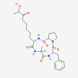 molecular formula C28H40N4O6 B14137212 3-Benzyl-9-(7-hydroxy-6-oxooctyl)-6,6-dimethyl-1,4,7,10-tetrazabicyclo[10.3.0]pentadecane-2,5,8,11-tetrone 