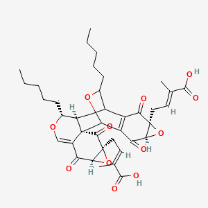 molecular formula C38H44O12 B14141346 (E)-4-[(2S,4S,6R,11R,12S,16S,18R)-4-[(E)-3-carboxybut-2-enyl]-3,7,15,19-tetraoxo-11,22-dipentyl-5,10,17,21-tetraoxaheptacyclo[11.7.2.02,8.02,12.04,6.014,20.016,18]docosa-8,14(20)-dien-16-yl]-2-methylbut-2-enoic acid CAS No. 176260-42-7