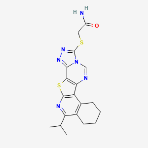 molecular formula C19H20N6OS2 B14144295 2-[(14-Propan-2-yl-11-thia-3,5,7,8,13-pentazapentacyclo[10.8.0.02,10.05,9.015,20]icosa-1(12),2(10),3,6,8,13,15(20)-heptaen-6-yl)sulfanyl]acetamide CAS No. 369403-14-5