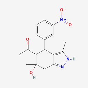 molecular formula C17H19N3O4 B14144766 1-[6-Hydroxy-3,6-dimethyl-4-(3-nitrophenyl)-4,5,6,7-tetrahydro-2H-indazol-5-yl]ethanone 