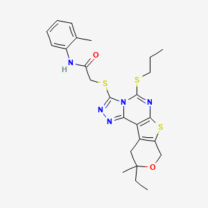 2-[(14-ethyl-14-methyl-7-propylsulfanyl-13-oxa-10-thia-3,4,6,8-tetrazatetracyclo[7.7.0.02,6.011,16]hexadeca-1(9),2,4,7,11(16)-pentaen-5-yl)sulfanyl]-N-(2-methylphenyl)acetamide