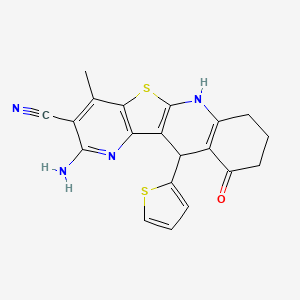 molecular formula C20H16N4OS2 B14155633 13-amino-15-methyl-7-oxo-9-thiophen-2-yl-17-thia-2,12-diazatetracyclo[8.7.0.03,8.011,16]heptadeca-1(10),3(8),11(16),12,14-pentaene-14-carbonitrile CAS No. 841208-77-3