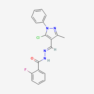 molecular formula C18H14ClFN4O B14155696 N'-[(E)-(5-chloro-3-methyl-1-phenyl-1H-pyrazol-4-yl)methylidene]-2-fluorobenzohydrazide 