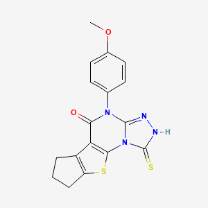 1-Mercapto-4-(4-methoxy-phenyl)-7,8-dihydro-4H,6H-9-thia-2,3,4,9b-tetraaza-cyclopenta[b]-as-indace n-5-one