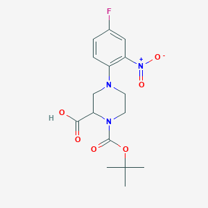 molecular formula C16H20FN3O6 B1416075 4-(4-Fluoro-2-nitrophenyl)-1-[(2-methylpropan-2-yl)oxycarbonyl]piperazine-2-carboxylic acid CAS No. 1786943-08-5