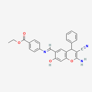 ethyl 4-{[(E)-(2-amino-3-cyano-7-hydroxy-4-phenyl-4H-chromen-6-yl)methylidene]amino}benzoate