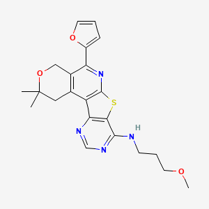 molecular formula C22H24N4O3S B14162591 (5-Furan-2-yl-2,2-dimethyl-1,4-dihydro-2H-3-oxa-7-thia-6,9,11-triaza-benzo[c]fluoren-8-yl)-(3-methoxy-p ropyl)-amine CAS No. 846579-74-6