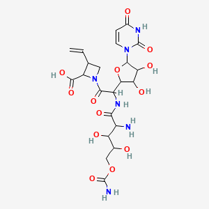 molecular formula C22H30N6O13 B14163533 1-[2-[(2-Amino-5-carbamoyloxy-3,4-dihydroxypentanoyl)amino]-2-[5-(2,4-dioxopyrimidin-1-yl)-3,4-dihydroxyoxolan-2-yl]acetyl]-3-ethenylazetidine-2-carboxylic acid CAS No. 22886-46-0