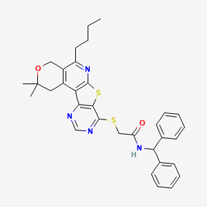 molecular formula C33H34N4O2S2 B14164147 N-benzhydryl-2-[(8-butyl-4,4-dimethyl-5-oxa-11-thia-9,14,16-triazatetracyclo[8.7.0.02,7.012,17]heptadeca-1(10),2(7),8,12(17),13,15-hexaen-13-yl)sulfanyl]acetamide CAS No. 5685-88-1