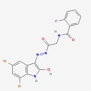 Glycine, N-(2-fluorobenzoyl)-, (5,7-dibromo-1,2-dihydro-2-oxo-3H-indol-3-ylidene)hydrazide