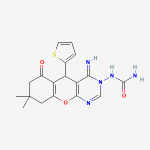 molecular formula C18H19N5O3S B14172783 1-[4-imino-8,8-dimethyl-6-oxo-5-(thiophen-2-yl)-6,7,8,9-tetrahydro-4H-chromeno[2,3-d]pyrimidin-3(5H)-yl]urea CAS No. 153790-56-8