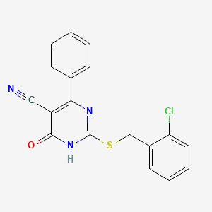 molecular formula C18H12ClN3OS B1417401 2-[(2-Chlorobenzyl)sulfanyl]-4-hydroxy-6-phenyl-5-pyrimidinecarbonitrile CAS No. 303985-05-9