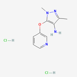 molecular formula C10H14Cl2N4O B1422324 1,3-二甲基-5-(吡啶-3-氧基)-1H-吡唑-4-胺二盐酸盐 CAS No. 1240528-97-5