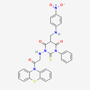 molecular formula C31H24N6O5S2 B14279237 10H-Phenothiazine, 10-(((tetrahydro-5-(((4-nitrophenyl)amino)methyl)-4,6-dioxo-3-phenyl-2-thioxo-1(2H)-pyrimidinyl)amino)acetyl)- CAS No. 141177-54-0