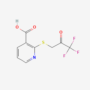 molecular formula C9H6F3NO3S B14279704 3-Pyridinecarboxylic acid, 2-((3,3,3-trifluoro-2-oxopropyl)thio)- CAS No. 127183-39-5