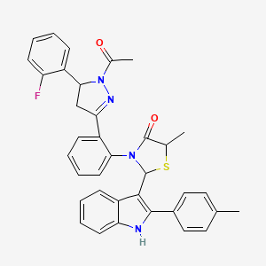 molecular formula C36H31FN4O2S B14282982 1H-Pyrazole, 1-acetyl-5-(2-fluorophenyl)-4,5-dihydro-3-(2-(5-methyl-2-(2-(4-methylphenyl)-1H-indol-3-yl)-4-oxo-3-thiazolidinyl)phenyl)- CAS No. 133405-43-3