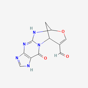 molecular formula C11H9N5O3 B14283477 12-Oxo-1,4,6,12-tetrahydro-10H-6,10-methano[1,3,5]oxadiazocino[5,4-a]purine-9-carbaldehyde CAS No. 138555-45-0