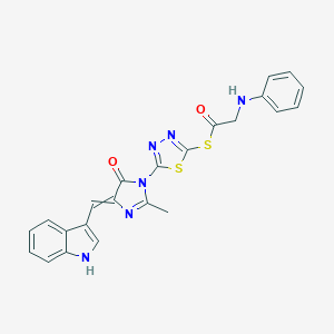 B142896 Ethanethioic acid, (phenylamino)-, S-(5-(4,5-dihydro-4-(1H-indol-3-ylmethylene)-2-methyl-5-oxo-1H-imidazol-1-yl)-1,3,4-thiadiazol-2-yl) ester CAS No. 127227-37-6