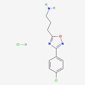 molecular formula C11H13Cl2N3O B1429307 3-(3-(4-Chlorophenyl)-1,2,4-oxadiazol-5-yl)propan-1-amine hydrochloride CAS No. 1374407-72-3