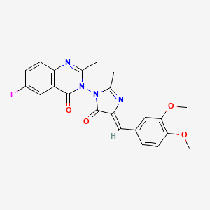 molecular formula C22H19IN4O4 B14294376 4(3H)-Quinazolinone, 3-(4-((3,4-dimethoxyphenyl)methylene)-4,5-dihydro-2-methyl-5-oxo-1H-imidazol-1-yl)-6-iodo-2-methyl- CAS No. 114496-25-2