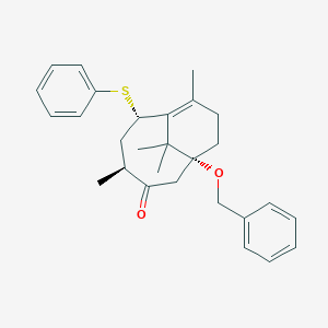 molecular formula C28H34O2S B143028 1-Benzyloxy-4,8,11,11-tetramethyl-6-phenylthiobicyclo(5.3.1)undec-7-en-3-one CAS No. 129720-17-8