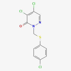 molecular formula C11H7Cl3N2OS B14309900 4,5-Dichloro-2-{[(4-chlorophenyl)sulfanyl]methyl}pyridazin-3(2H)-one CAS No. 113641-51-3