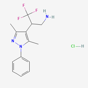 molecular formula C14H17ClF3N3 B1431037 2-(3,5-dimethyl-1-phenyl-1H-pyrazol-4-yl)-3,3,3-trifluoropropan-1-amine hydrochloride CAS No. 1384427-67-1