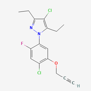 molecular formula C16H15Cl2FN2O B14315741 1H-Pyrazole, 4-chloro-1-(4-chloro-2-fluoro-5-(2-propynyloxy)phenyl)-3,5-diethyl- CAS No. 106123-67-5