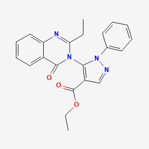 molecular formula C22H20N4O3 B14323836 Pyrazole-4-carboxylic acid, 5-(3,4-dihydro-2-ethyl-4-oxoquinazolin-3-yl)-1-phenyl-, ethyl ester CAS No. 104907-91-7