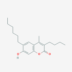 molecular formula C20H28O3 B14323851 3-Butyl-6-hexyl-7-hydroxy-4-methyl-2H-1-benzopyran-2-one CAS No. 111052-73-4