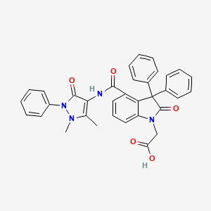 molecular formula C34H28N4O5 B14332469 1H-Indol-1-acetic acid, 2,3-dihydro-3,3-diphenyl-2-oxo-4-(((2,3-dihydro-1,5-dimethyl-3-oxo-2-phenyl-1H-pyrazol-4-yl)amino)carbonyl)- CAS No. 100549-97-1