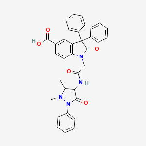 molecular formula C34H28N4O5 B14344590 1H-Indole-5-carboxylic acid, 2,3-dihydro-3,3-diphenyl-2-oxo-1-(2-((2,3-dihydro-1,5-dimethyl-3-oxo-2-phenyl-1H-pyrazol-4-yl)amino)-2-oxoethyl)- CAS No. 100549-94-8