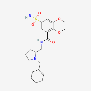 molecular formula C22H31N3O5S B14345498 N-((1-(Cyclohex-1-en-1-ylmethyl)-2-pyrrolidinyl)methyl)-2,3-dihydro-7-(N-methylsulphamoyl)-1,4-benzodioxin-5-carboxamide CAS No. 94134-92-6