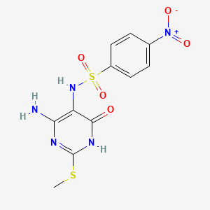 molecular formula C11H11N5O5S2 B14348292 N-[6-Amino-2-(methylsulfanyl)-4-oxo-1,4-dihydropyrimidin-5-yl]-4-nitrobenzene-1-sulfonamide CAS No. 91790-01-1