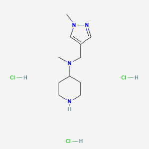 molecular formula C11H23Cl3N4 B1436141 N-methyl-N-[(1-methyl-1H-pyrazol-4-yl)methyl]piperidin-4-amine trihydrochloride CAS No. 2140305-20-8