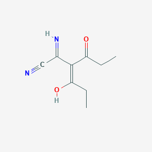 molecular formula C9H12N2O2 B14362605 (E)-3-hydroxy-2-propanoylpent-2-enimidoyl cyanide 