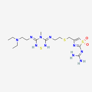 molecular formula C16H30N10O2S3 B14368364 3-(2-Diethylaminoethylamino)-5-(2-((2-guanidinothiazol-4-yl)methylthio)ethylamino)-4-methyl-1,2,4,6-thiatriazine-1,1-dioxide CAS No. 91257-64-6