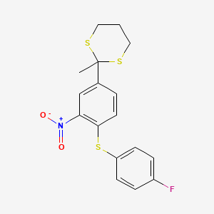 molecular formula C17H16FNO2S3 B14372984 2-{4-[(4-Fluorophenyl)sulfanyl]-3-nitrophenyl}-2-methyl-1,3-dithiane CAS No. 89733-10-8