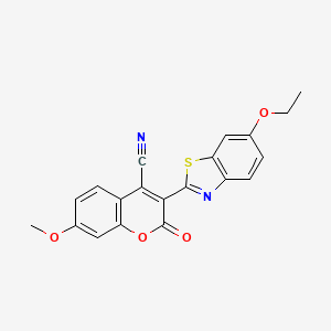 molecular formula C20H14N2O4S B14381252 2H-1-Benzopyran-4-carbonitrile, 3-(6-ethoxy-2-benzothiazolyl)-7-methoxy-2-oxo- CAS No. 90146-05-7