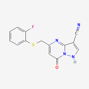 molecular formula C14H9FN4OS B1439135 5-{[(2-氟苯基)硫烷基]甲基}-7-羟基吡唑并[1,5-a]嘧啶-3-腈 CAS No. 1147736-74-0