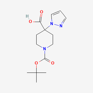 molecular formula C14H21N3O4 B1439556 1-[(tert-butoxy)carbonyl]-4-(1H-pyrazol-1-yl)piperidine-4-carboxylic acid CAS No. 1159835-39-8
