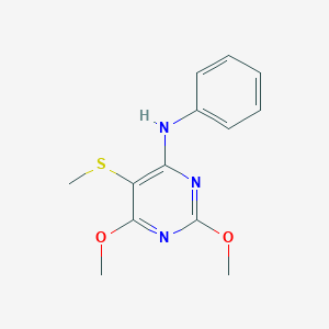 molecular formula C13H15N3O2S B14395972 2,6-Dimethoxy-5-(methylsulfanyl)-N-phenylpyrimidin-4-amine CAS No. 89587-73-5