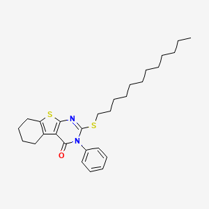 molecular formula C28H38N2OS2 B1440013 5-(十二烷基硫代)-4-苯基-8-硫杂-4,6-二氮杂三环[7.4.0.0^{2,7}]十三-1(9),2(7),5-三烯-3-酮 CAS No. 1221724-26-0