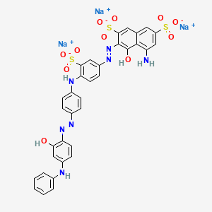 molecular formula C34H24N7Na3O11S3 B14412479 5-Amino-3-((4-((4-((4-anilino-2-hydroxyphenyl)azo)phenyl)amino)-3-sulphophenyl)azo)-4-hydroxynaphthalene-2,7-disulphonic acid, sodium salt CAS No. 85223-31-0