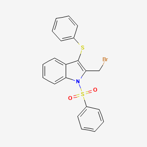 molecular formula C21H16BrNO2S2 B14412659 1H-Indole, 2-(bromomethyl)-1-(phenylsulfonyl)-3-(phenylthio)- CAS No. 85678-42-8